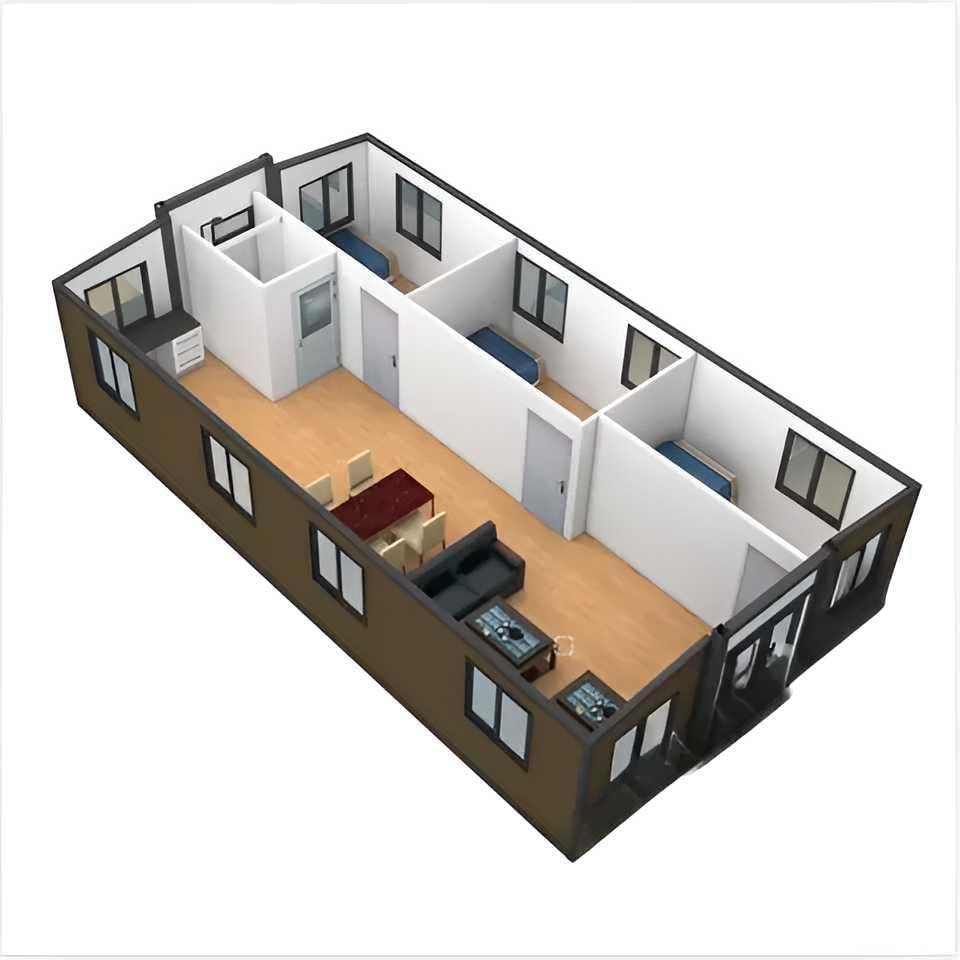 Casa de 40 pies con diseño de lujo, con 3 habitaciones, 1 sala de estar, 1 baño completamente equipado y cocina.