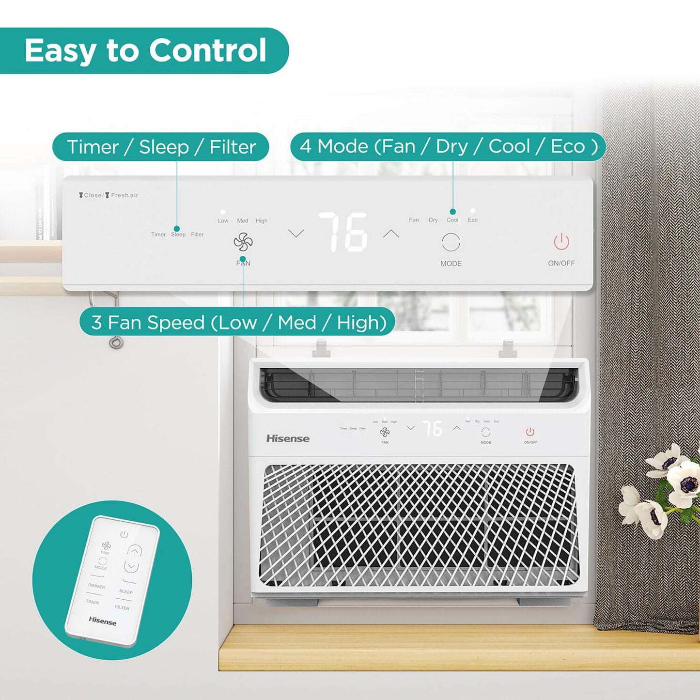 Hisense AHW1022CW1W 10,000 Smart Air Conditioner with Wi-fi Control, Dehumidifier, and Remote, 115V, Window AC Unit for Apartment, Bedroom, Medium Rooms up to 450 Square Feet in White, 10000 BTU